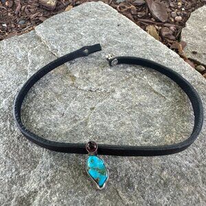 AQUAMARINE AND RUBY CHOKER WITH LEATHER STRAP